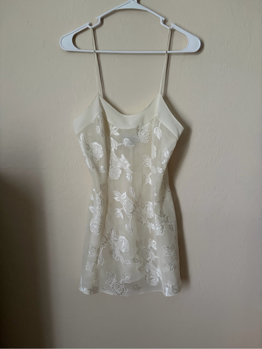 Morgan Taylor Cream Sheer Floral Embroidered Slip with Spaghetti Straps